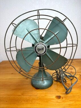 Vintage 1950’s Diehl Metal Blade Fan Blue Green Color Working AJ17 Made In USA